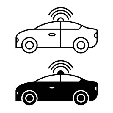Otonom Araç simgeleri. Siyah ve Beyaz Simgeler. İnsansız bir arabanın vektör illüstrasyonu. Teknoloji Konsepti