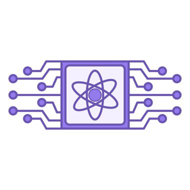 Renkli Kuantum Hesaplama simgesi. Mikroçip ve Atom İşaretinin Vektör İllüstrasyonu. Teknoloji Konsepti