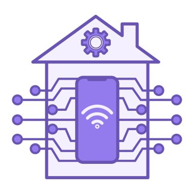 Renkli Akıllı Ev Simgesi. Ev Otomasyonu. House, Gear, Mobile Phone ve Wi-Fi Internet 'in Vektör Resimleri. Teknoloji Konsepti