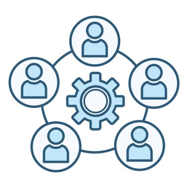 Renkli İşbirliği Simgesi. Vector Illustration of People Around Gears. Sorunları çözüyorum. İş ve Takım Çalışması Konsepti