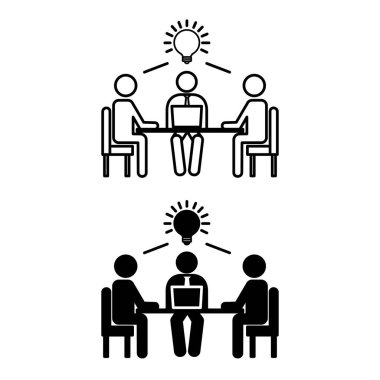 Simgeler birlikte çalışır. Masada oturan ve bir fikri tartışan meslektaşların vektör illüstrasyonu. İş ve Takım Çalışması Konsepti
