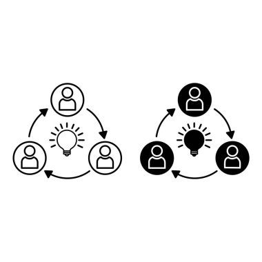Fikir Simgelerini Paylaş. İş görüşleri alışverişi. Parlayan Ampul ve Çevredeki İnsanlar 'ın Vektör Simgesi. İş ve Takım Çalışması Konsepti