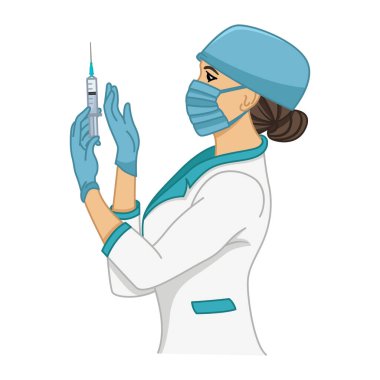 Hemşire iğneyi yapmaya hazırlanıyor. Tıbbi Önlük Giymiş Bir Hemşire ve Koruyucu Maske Aşıyla Tek kullanımlık Şırınga Tutarken Görüntü. Tıp Konsepti