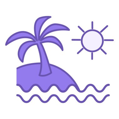 Renkli plaj ikonu. Tropikal adanın vektör ikonu Palmiye ağacı, güneş ve okyanus dalgaları. Seyahat ve Tatil Konsepti