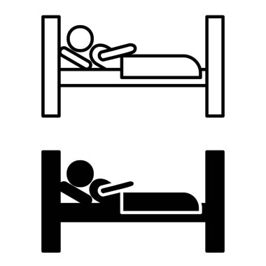 Yurt ikonları. Siyah ve Beyaz Vektör Simgeleri. Battaniye ve Yastıkla Yatakta Uyuyan Adam. Seyahat ve Tatil Konsepti