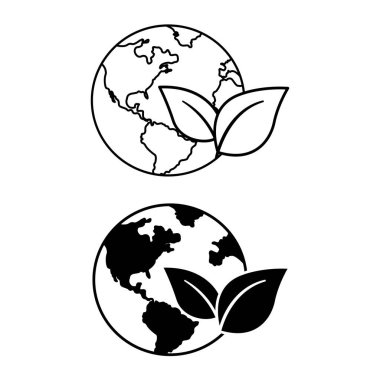 Çevre Simgeleri. Gezegen ve Yaprakların Siyah ve Beyaz Vektör Simgeleri. Yeşil Dünya, Ekoloji ve Çevre Koruma kavramı