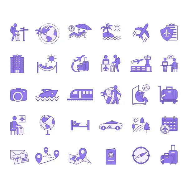 Renkli Seyahat Simgeleri. Vector Icons of Tatile, Otel, Turizm, Uçak, Seyahat Sigortası, Tren, Ruhsat, Seyahat acentesi ve diğer