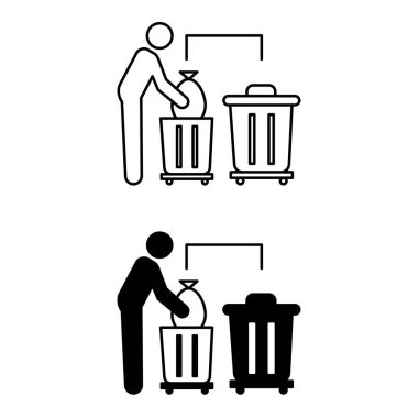 Simgeleri Atık Ayıklama. Siyah ve Beyaz Vektör Simgeleri. Çöp kutusuna çöp atan bir adam. Ekoloji ve Çevre Koruma Konsepti