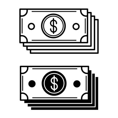 Para ikonları. Dolar Faturalarının Siyah ve Beyaz Vektör Simgeleri. İş ve Finans Konsepti