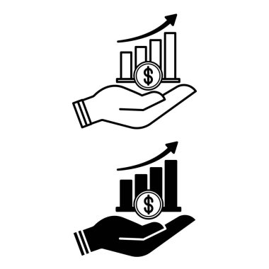 Simge Artırma Vergisi. Siyah ve Beyaz Vektör Simgeleri. Kâr Büyüme Çizelgesi ve İnsan Eli. İş ve Finans Konsepti