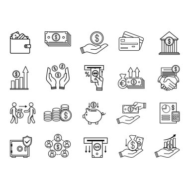 Finans Simgeleri Ayarlandı. Para, Kredi Kartları, Kredi Kartları, Artan Gelir, Bütçe, Mevduat, Para Çekme, Mali İzleme, Banka, Ortak Fon ve Diğer