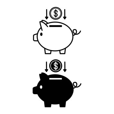 Domuz kumbarası ikonları. Siyah ve Beyaz Vektör Simgeleri. Piggy Bank ve Dollar Coins. Depozito ve Tasarruf. İş ve Finans Konsepti