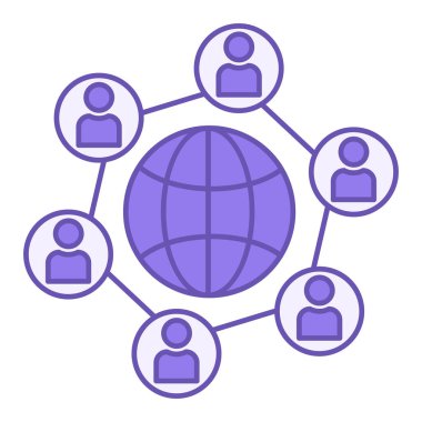 Renkli Ağ Simgesi. Gezegen ve Çevredeki İnsanlar 'ın Vektör Simgesi. İnsanlar İnternet 'e, Sosyal Ağ' a Bağlı. Teknoloji Konsepti