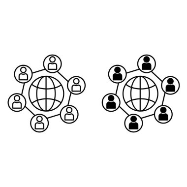 Ağ simgeleri. Gezegen ve Çevredeki İnsanlar 'ın Siyah ve Beyaz Vektör Simgeleri. İnsanlar İnternet 'e, Sosyal Ağ' a Bağlı. Teknoloji Konsepti