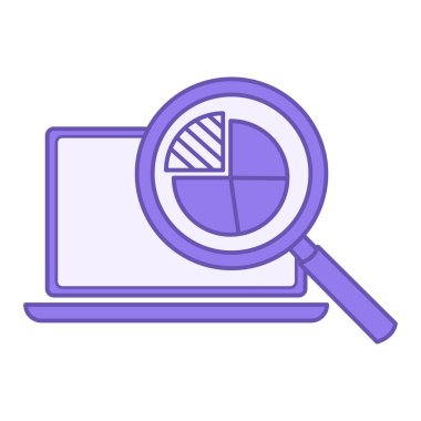 Veri Analitik Renk Simgesi. Dizüstü bilgisayarın vektör simgesi ve diyagramlı büyüteç. Keşif, Filtreleme ve Veri Modelleme