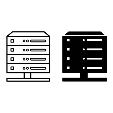 Sunucu Simgeleri. Hizmet Yazılımını Çalıştırmak için Uzman Bilgisayarın Siyah ve Beyaz Vektör Simgeleri. Teknoloji ve Veri Analizi Konsepti