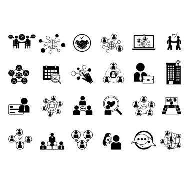 Ağ Simgelerinin Siyah Kümesi. Sosyal ağların Vektör Simgeleri, İşbirliği, Kişiler, Referans, Tokalaşmalar, Danışmanlık, Bağlantı, İletişim, Ağ Oluşturma ve Diğerleri