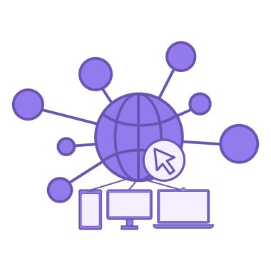 Renkli Web Simgesi. Planet, Network, Computer Mouse imleci ve Connected Gadgets 'ın vektör simgesi. Programlama ve Kodlama Kavramı