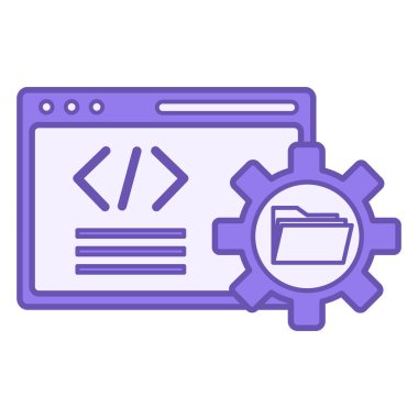 Renkli Yazılım Simgesi. Dosyaları, Gear 'ı ve Kodlu Web Sitesi olan Bilgisayar Dizininin Vektör Simgesi. Programlama ve Kodlama Kavramı