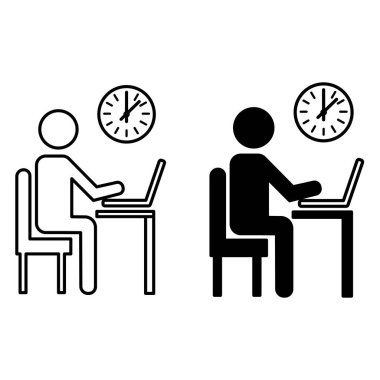 Ofis Çalışma Simgeleri. Siyah ve Beyaz Vektör Simgeleri. Laptop ve Watch 'ta çalışan adam. Programlama ve Kodlama Kavramı