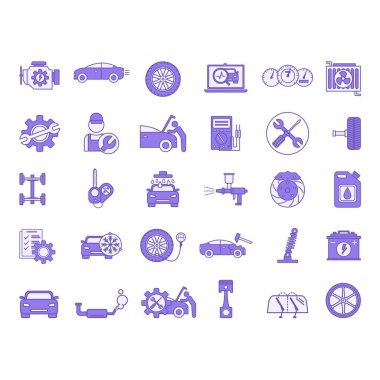 Renkli Araba Servisi Simgeleri Ayarlandı. Araç, Motor, Tekerlek, Araba Yıkama, Elektrik Bakımı, Vücut Tamiri, Hizmet, Silecek, Makine Yağı ve Diğer Simgelerin Vektör Simgeleri
