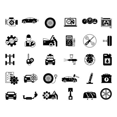 Siyah Araba Servisi Simgeleri Ayarlandı. Araç, Motor, Tekerlek, Araba Yıkama, Elektrik Bakımı, Vücut Tamiri, Hizmet, Silecek, Makine Yağı ve Diğer Simgelerin Vektör Simgeleri