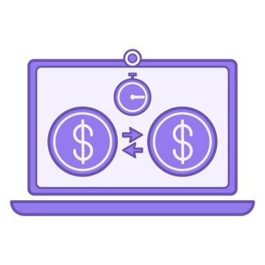 Finansal Aktarım Rengi Simgesi. Para aktarımının vektör simgesi, dizüstü bilgisayar ve Kronometre. Çevrimiçi para transferi. Muhasebe Kavramı