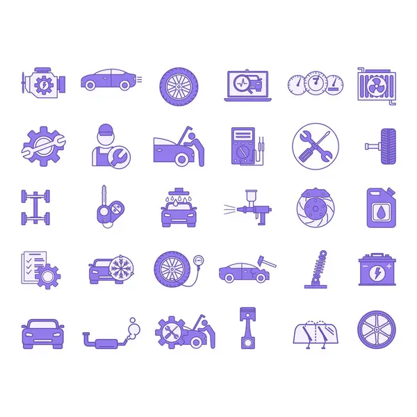 Renkli Araba Servisi Simgeleri Ayarlandı. Araç, Motor, Tekerlek, Araba Yıkama, Elektrik Bakımı, Vücut Tamiri, Hizmet, Silecek, Makine Yağı ve Diğer Simgelerin Vektör Simgeleri