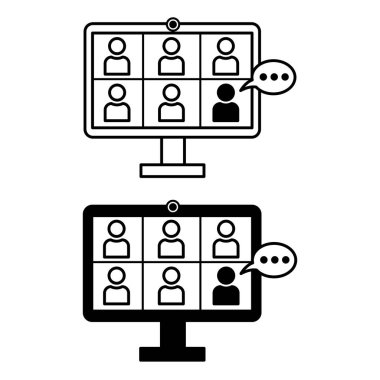 Çevrimiçi Atölye Simgeleri. Bilgisayarda Siyah ve Beyaz Vektör Simgeleri Çalışan İnsanlar Grubu. Çevrimiçi Okul