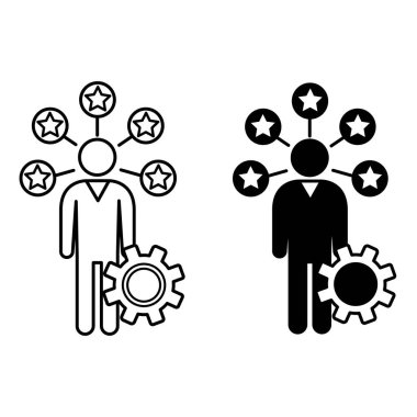 Skill Building Icons. Black and White Vector Icons of Gears, Man, and Stars Around It. Increasing Skills and Talents. Workshop Concept clipart