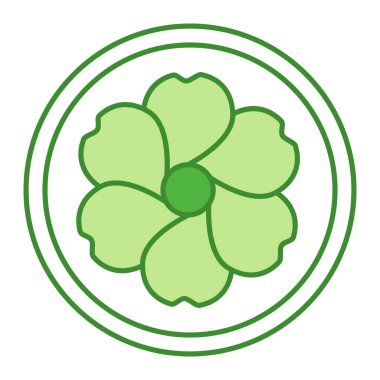 Yeşil Organik Keten Simgesi. Doğal Kumaş. Sembolik keten giysi etiketi. Vector Round Rozet, Etiket, Logo, Damga, Etiket. Çiçek Simgesi