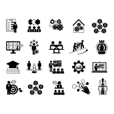 Black Workshop Icons Set. Vector Icons Team Building, Collaboration, Training, Testing, Goals, Skill Development, Productivity, Brainstorming and Other clipart