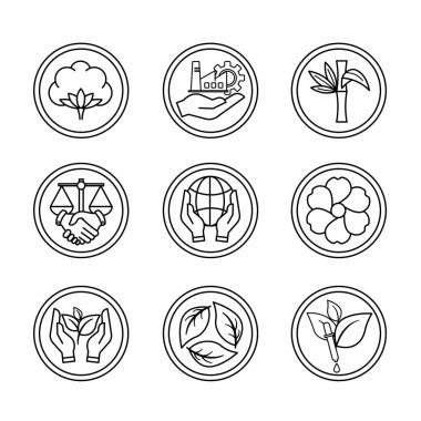 Organik Ürün Paketleme için Simgeler. Organik Pamuk, Organik Keten, Organik Bambu, Adil Ticaret, Sürdürülebilir Gelişim, Çevre dostu, Sorumlu Üretim, Geri Dönüşümlü Kumaşlar ve Eko-Boyaların Vektör Simgeleri