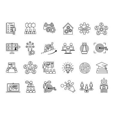 Atölye Simgeleri Ayarlandı. Vektör Simgeleri Takım Yapımı, İşbirliği, Eğitim, Test, Hedefler, Yetenek Geliştirme, Üretim, Beyin Fırtınası ve Diğer