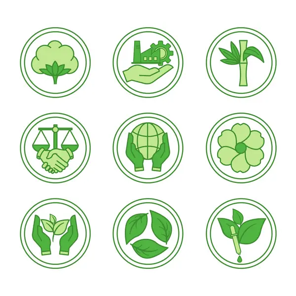 Zielony Zestaw Ikon Pakowania Produktów Ekologicznych Wektorowe Ikony Bawełny Organicznej — Wektor stockowy