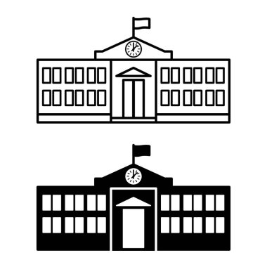 Okul ikonları. Okul Binası 'nın Siyah ve Beyaz Vektör Simgeleri Saat ve Bayrak ile. Eğitim ve Mimarlık Konsepti
