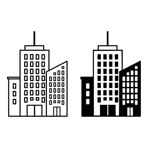 城市偶像 城市住宅建筑的黑白矢量图标 城市中心 梅纳波利斯 摩天大楼 办公楼 城市街 公寓大楼 建筑概念 — 图库矢量图片