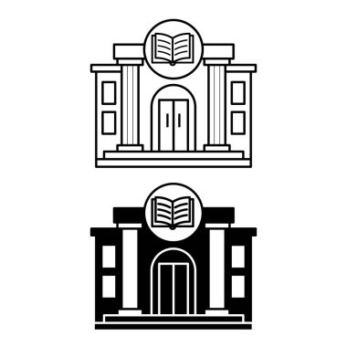 Kütüphane simgeleri. Siyah ve Beyaz Vektör Kütüphane Binası Simgeleri. Eğitim ve Mimarlık Konsepti