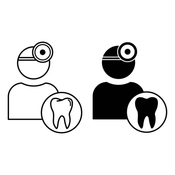 歯医者アイコン ドクターと歯の黒と白のベクターアイコン 歯科治療について 医学と歯科コンセプト — ストックベクタ