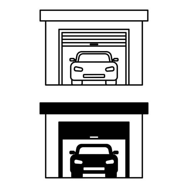Icônes Garage Icônes Vectorielles Noires Blanches Bâtiment Garage Avec Voiture — Image vectorielle