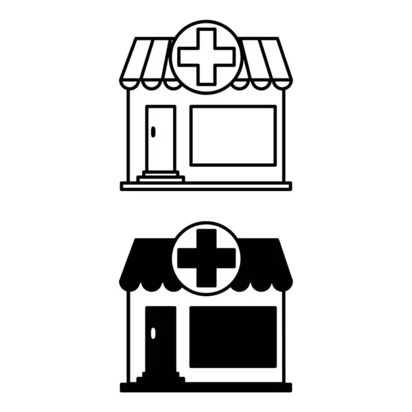 薬局のアイコン 薬局ビルの黒と白のベクターアイコン 医療機関について アーキテクチャと医学の概念 — ストックベクタ