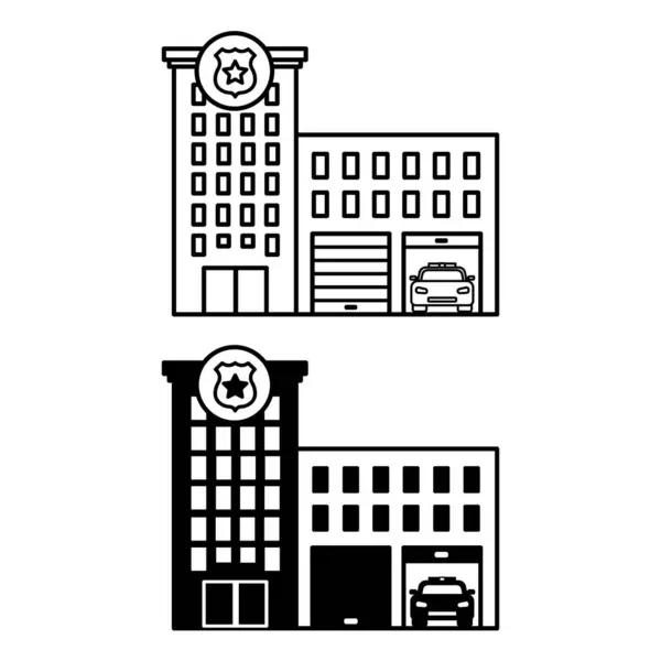 警察大楼的图标 黑色和白色的病媒图标 市警察局车库里有一辆警车 政府机构 建筑和执法概念 — 图库矢量图片