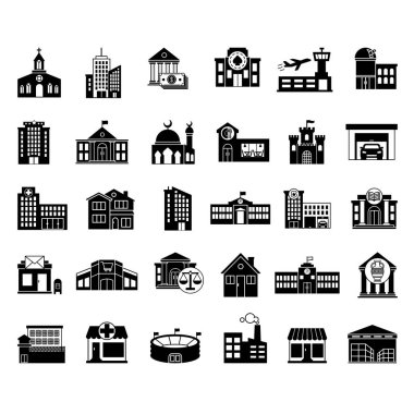 Black Set Binalar Simgeleri. Vector Icons of Home, Office. Şehir, Hastane, Polis, Mahkeme, Müze, Alışveriş Merkezi, Kumarhane, Üniversite, Kilise ve diğerleri