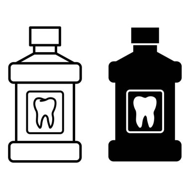 Ağız gargarası simgeleri. Siyah ve Beyaz Vektör Simgeleri. Etikette Diş ile Gargara Şişe. Diş bakımı. Tıp ve Diş Hekimliği Konsepti