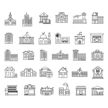 Bina Simgeleri Seti. Vector Icons of Home, Office. Şehir, Hastane, Polis, Mahkeme, Müze, Alışveriş Merkezi, Kumarhane, Üniversite, Kilise ve diğerleri