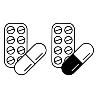 İlaç ikonları. Siyah ve Beyaz Vektör, haplı ve kapsüllü kabarcık ikonları. İlaçlar ile tedavi görüyor. Tıp Konsepti