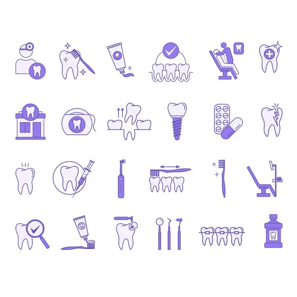 Χρωματιστά Σετ Οδοντικών Εικόνων Εικονίδιο Διάνυσμα Της Οδοντιατρικής Δόντι Εμφύτευμα — Διανυσματικό Αρχείο