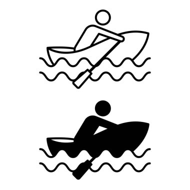 Kürek Teknesi Simgeleri. Siyah ve Beyaz Vektör Simgeleri. Kürekle tekneye binen adam. Su Taşımacılığı Konsepti