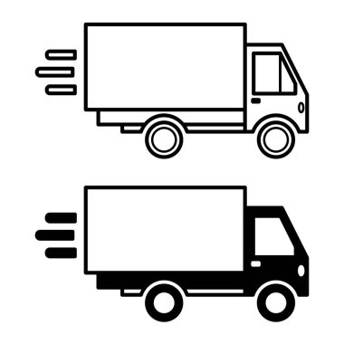 Kamyon simgeleri. Hızlı Kargo Minibüsünün Siyah ve Beyaz Vektör Simgeleri. Hızlı teslimat. Mal Taşımacılığı Konsepti