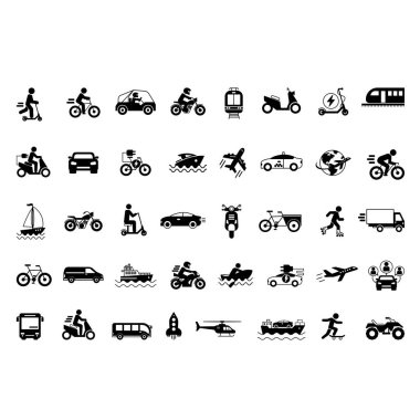Siyah Ulaşım Simgeleri. Otomobil, Uçak, Helikopter, Tramvay, Motosiklet, Bisiklet, Scooter, Tekne, Kaykay, Minibüs ve Diğerlerinin Vektör Simgeleri